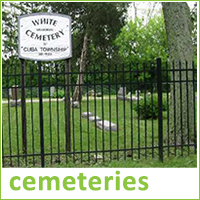 Photograph of gates into White Cemetery in Cuba Township, text reads cemeteries