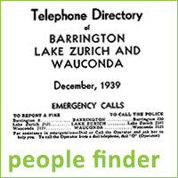 Scan of old telephone directory cover, for Barrington, Lake Zurich, Wauconda, December 1939, text reads people finder